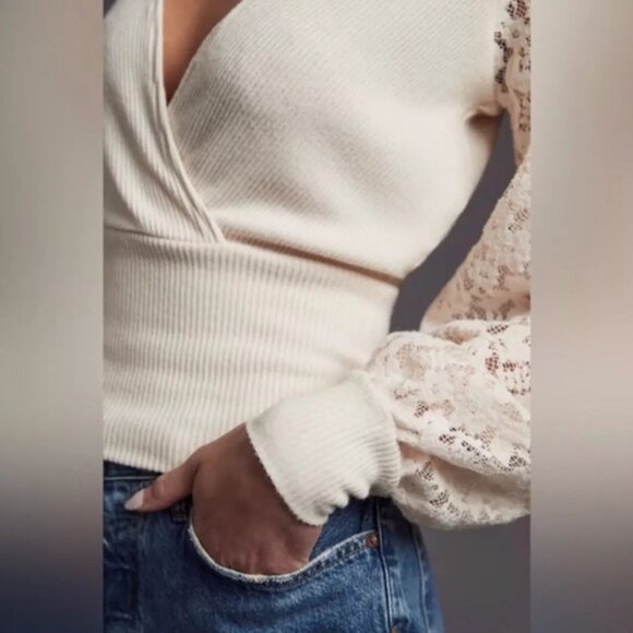 Anthropologie Lace Sleeve Ribbed Knit Surplice Cocktail Top Cream Wrap Sweater - Picture 3 of 10